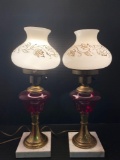 Pair of Lamps with Cranberry & Metal Bases and White Leaf Shades