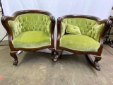 Antique 19th Century Wood Framed Tufted Back Chair & Matching Rocker in Green Velvet