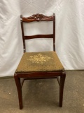 Wooden Side Chair with Rose Carving and Embroidered Seat Cover