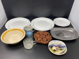 Corelle Dishes, Pewter Bread Tray, Wooden Trivet, Mug, Candle Holder, Bowl and Landscape Plate