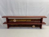 2 Wooden Display Shelves with Pegs and Baseball Motif