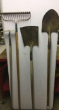 4 Long Handled Tools- Hoe, Rake, 2 Shovels