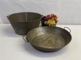 3 Metal Containers- Double Handled Shallow Bowl, Pail and Small Round Container with Plastic Fruit