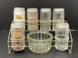 Vintage Antique Lot: Wire Holder with 6 Spice Jars and Open Salt Cellar