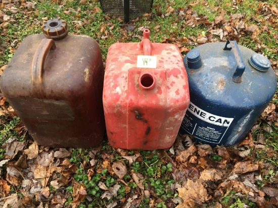 3 Gas Containers- 2 Plastic, One Blue Metal