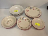 Plates, Bowls, Saucers in Matching Pattern and 4 White Bowls
