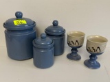 3 Piece Blue Canister Set and Pair of Pottery Goblets