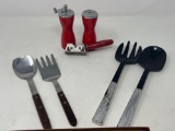 Vintage: 2 Sets of Salad Servers, Salt & Pepper Mill, Red Handled Tool