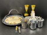 2 Green & Gold Vases, Porcelain Basket, Silver Plate Sugar & Creamer, Plate and Silver Frame
