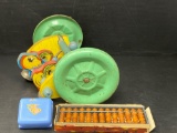 Rolling Chicken Toy, Blue Music Box with Partial Decal on Top and Beaded Toy
