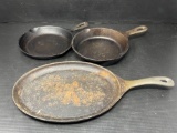 2 Cast Iron Frying Pans and Cast Iron Flat Griddle
