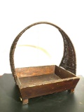 Antique Victorian Market Basket with Wicker Hoop Handle and Block Feet