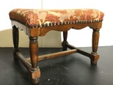 Antique Footstool with Stretcher Base and Upholstered Top