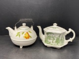 2 Tea Pots- One with Pear Motif, Other Royal Crawford Ironstone Green Transferware