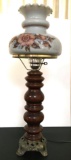 Turned Wooden Pedestal Table Lamp with Glass Floral Decorated Half Shade