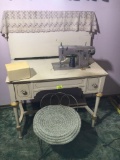 French Provincial Style Sewing Machine Desk with Sears Kenmore S.M. and Wire Chair