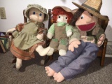 Rag Doll Type Dolls and 2 Country Wood Craft Chairs