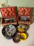 2 Sewing Boxes with Contents and 2 Tins with Buttons, Thread, and Other Notions