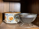 Potpourri Crock and Metal Strainer on Stand