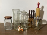 Glass Canister Jars with Lids, Rolling Pin, Knife Block w/ Knives, Mugs, Vase, Salt & Pepper Shakers