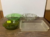 2 Green Glass Bowls, Clear Glass Bowl and Pyrex Rectangular Glass Baking Dish