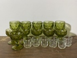 5 & 6 Green Pressed Glass Stemware and 6 Clear Juice Glasses