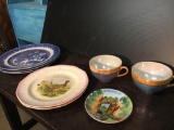 3 Blue Willow Plates, 2 Japanese Teacups, 2 Daudin Pheasant Plates