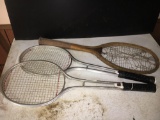 3 Tennis Rackets- One Wooden with Torn Netting