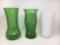 2 Green Glass Vases and Milk Glass Vase