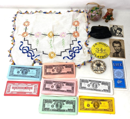 Embroidered Dresser Scarf, Play Money, Ornaments, Cary Grant Photos, Pin Backs