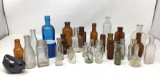 Colored and Clear Glass Bottles- Some Apothecaries, Pottery Bird & Blue Cup
