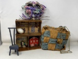Miniature Blue Chair, Paper Ribbon Basket, Small Display Box, Heart Basket