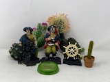 Pirate Figures, Artificial Succulents/Cacti, Ship's Wheel Figure, Green Glass Bowl