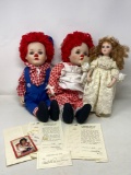 3 Porcelain Dolls- 2 are Raggedy Ann & Andy with COAs
