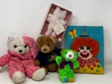 4 Stuffed Teddy Bears, Clown Plastic Canvas Picture