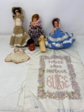 3 Fashion Dolls, Cornhusk Doll, Other Small Doll, Embroidered Saying, Crocheted Bib
