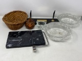 2 Glass Bowls, Basket, Desk Set, Marble Cheese Board, Votive Holder and Ceramic Jug