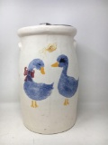 Crock Type Piece with Ducks and Metal Lid