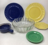 Glass Bowl, Colored Plates, Saucers and Soup Bowl