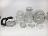 3 Lidded Glass Canisters, Extra Lid, Coffee Pot, Coaster and Small Ramekin