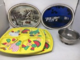 2 Oval Metal Trays, 2 Plastic Divided Trays and Silver Plate Bowl