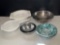 2 Plastic Colanders, 4 Stainless Steel Mixing Bowls and 2 Green Enameled Bowls