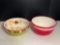 2 Bowls- Multicolored with Veggies and Red with White Stripes