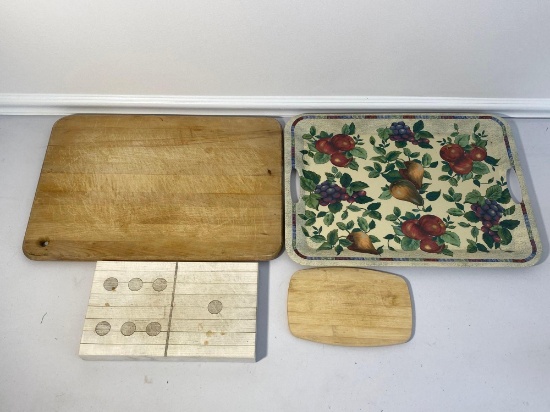 4 Cutting Boards- 2 Butcher Block, One Domino and One Glass with Fruit