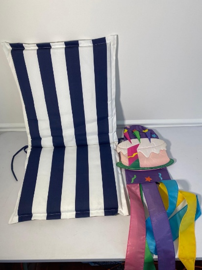 Blue & White Chair Cushion and Garden Cake Flag with Streamers