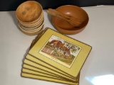 Wooden Salad Bowl & Servers, 7 Wooden Bowls, Heavy Scenic Place Mats