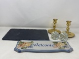 Welcome Sign, Pair of Baldwin Brass Candlesticks, 2 Glass Knobs and Mouse Pad