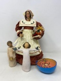 Large Pilgrim Lady Figure, 2 Willow Tree Figures and Pottery Bowl