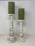 Pair of Wooden Candle Holders with Green Pillar Candles