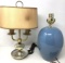 Double Pedestal Desk Lamp with Linen Shade and Blue Ginger Jar Style Lamp, No Shade